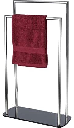 WENKO Handtuchständer Mod. Ravina freistehender Handtuchhalter Edelstahl mit Glasboden für Bad und Schlafzimmer platzsparend und stabil Maße 48 x 80 x 20 cm Farbe Silber glänzend und Schwarz