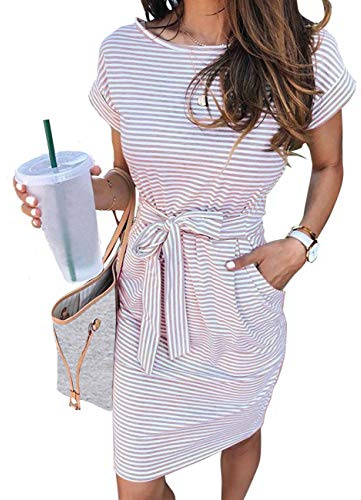 MEROKEETY Classic Morbido Donna | A righe, cravatta in vita, girocollo, lavoro vacanza spiaggia, moda moda carino abiti corti