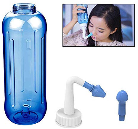 GHzzY Flacone per irrigazione nasale - Sistema di Lavaggio del Naso da 500 ml con Due beccucci - Pentola Neti per alleviare rinite, Febbre da Fieno, allergie nasali, raffreddore e Influenza