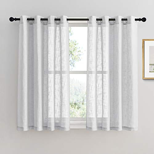 PONY DANCE 2 Stücke Voile Gardinen mit Ösen H 137 x B 132 cm Leinenoptik Vorhang Halbtransparent Kurze Vorhänge für Wohnzimmer & Schlafzimmer Dekoschals, Hellgrau
