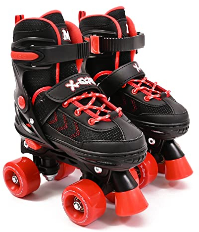 M.Y X-Skate Adjustable Red Quad Roller Skates with Built In Adjusters Kids Roller Boots for Boys & Girls - Large
