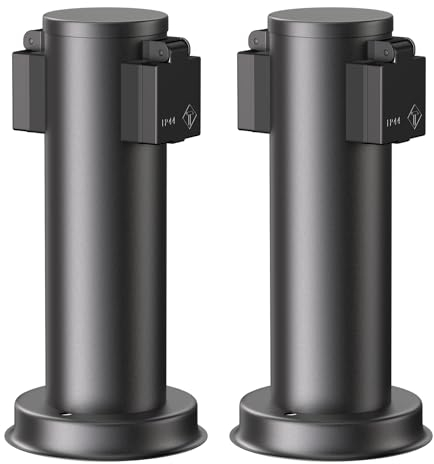 ledscom.de 2 pièces Colonne de Prises de Courant de Jardin PORU pour l'extérieur, IP44, 2X, Acier Inoxydable, Noir, Rond, 27 cm