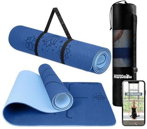 LA MENTE ES MARAVILLOSA - Gymnastikmatte, Rutschfest Yogamatte inkl. Tragegurt + Tasche + Übungs-E-Book, Gepolstert, Hautfreundliches TPE für Fitness/Pilates/Workout 183x61 cm (Blumen, Blau)
