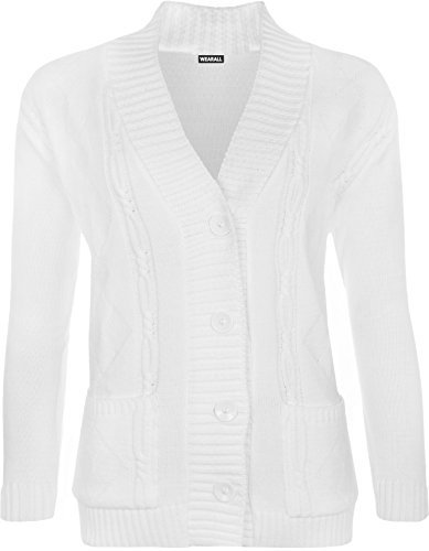 WearAll Plus Size Womens Button Long Sleeve Pocket Top Ladies Knitted Cardigan - White - 12-14