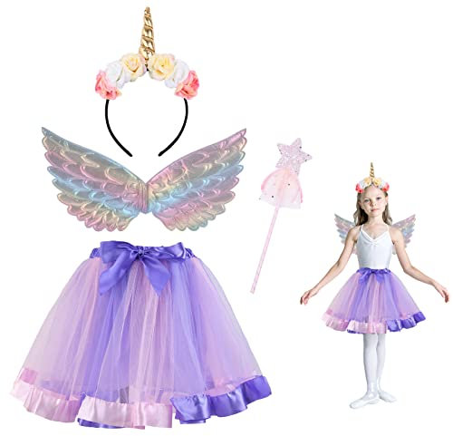 ACWOO ​Robe tutu de princesse licorne pour fille, Lot de 4 Serre-tête coloré avec ailes, tutu, jupe arc-en-ciel, Fée Baguette, Pour fête d'anniversaire, Halloween, carnaval, licorne (Rose)