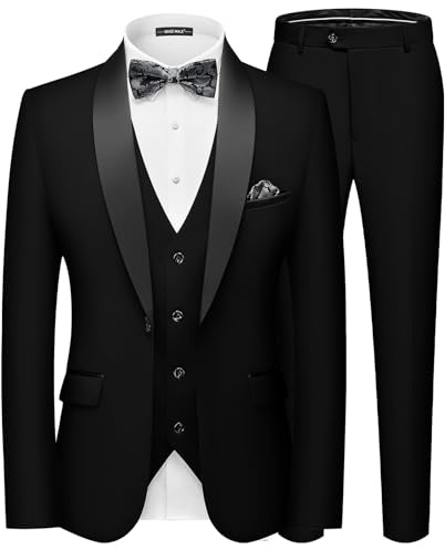 MAGE MALE Men's Slim Fit 3 Piece Suit One Button Solid Shawl Lapel Blazer Jacket Vest Pants Set with Tie Pocket Square Black