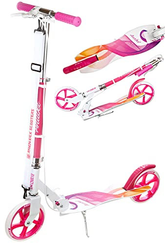 RAVEN Scooter Roller Tretroller Kickscooter für Kinder Erwachsene |klappbar | höhenverstellbar | Tragegurt | Klingel | Flaschenhalter (Anabel Orange/Pink mit Handbremse, 200mm)