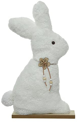 ETC frühlingshafter Deko-Hase Osterhase als Silhouette aus weissem fluffigem Plüsch mit Holzblümchen-Halskette (mittel ca. 40 cm hoch)