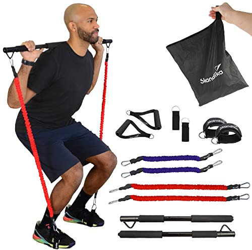 Skandika Multi-Widerstandsbänder mit Stange | Pilates Bar mit Resistance Bands, Krafttraining, 3 Widerstandsstufen, Online Trainingsguide, viel Zubehör, Fitnesstraining, nutzbar mit Nemo IV und V3000