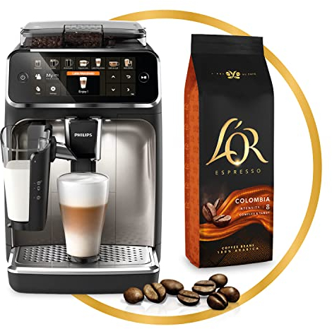 L'Or Espresso Café Grano Colombia 100% Arábica, 500 g + Philips Serie 5400 Cafetera automática - Sistema de Leche LatteGo, 12 Variedades de Café, Pantalla Intuitiva, 4 Perfiles de Usuario