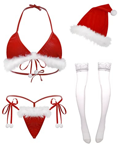 VicSec Weihnachts-Dessous-Set aus rotem Samt mit Nikolausmütze, Babydollkleid aus Spitze mit Strings, sexy Nachtwäsche, Bikini-Set zum Selbstbinden und Höschen, Rot