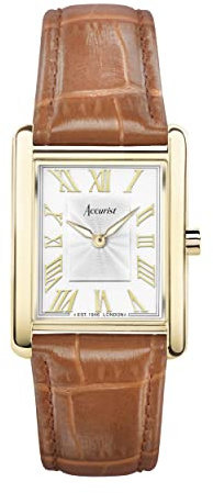Accurist Rectangle Womens Analogue Watch 26mm dial Gold Leather Strap | 30 Metres Water Resistance, dual-texture dial, ion-plated case