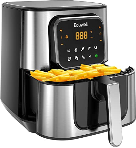 ECOWELL TXS5T2 - Friggitrice ad aria da 6 quarti, friggitrice ad aria grande in acciaio inox per 3-5 persone, 8 preset per alimenti, display touch digitale, cucina