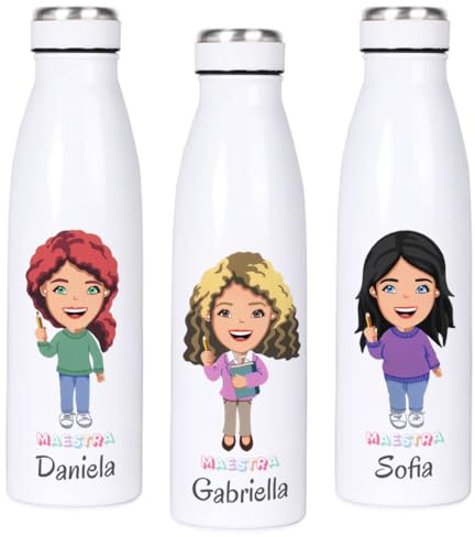Borraccia per la maestra | Regalo personalizzato con avatar nome e classe | Bottiglia termica in Acciaio Inox | Pensiero speciale per fine anno scolastico
