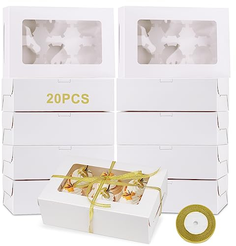 Scatole per Torta Catole per Dolci in Carta Kraft Cupcake Box Scatola Biscotti Confezione da 20 Scatole con Finestre Nastro per Biscotti, Torte, Regali Contenitori in Cartone per Alimenti Bianco