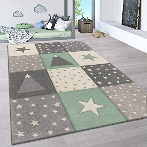 Paco Home Teppich Kinderzimmer Kinderteppich Junge Mädchen Pastell 3D Effekt Modern Berge Sterne Punkte Grün Grau Creme, Grösse:160x230 cm