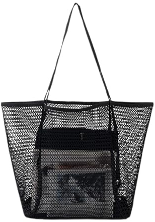 NLAND Bolso de Playa Mujer Grande Bolso de Malla con Bolsillo Bolso de Nailon para Viajes Natación Compras Shopping Bag (Negro)