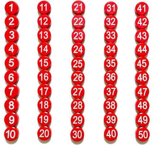 1-50 Magnetische Zahlen, Magnete mit Nummer für trocken abwischbare Tafeln, runde Zahlen-Kühlschrankmagnete für Whiteboard in Haus und Büro (2,0 cm Durchmesser, Rot)