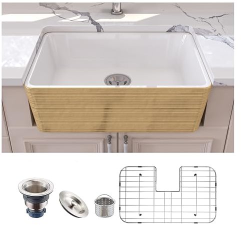 Fregadero de cocina de granja pequeño de 61 cm, diseño de rayas doradas, con colador y rejilla inferior