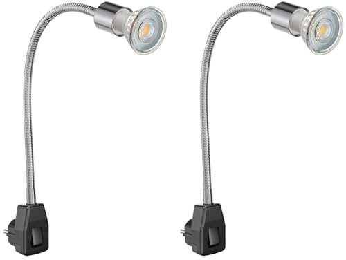 ledscom.de 2 Stück Steckdosenlampe LESCH Leselampe Schwanenhals, chrom/schwarz, inkl. GU10 LED (warmweiß, 7,6W, 1103lm, 33°)