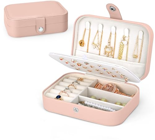 Uoxira Travel Jewellery Box Organiser for Girls Women, Leather Jewelry Box Small Portable Jewellery Storage Holder Case Jewlery Boxs for Necklaces Earrings Rings Bracelets, Pink