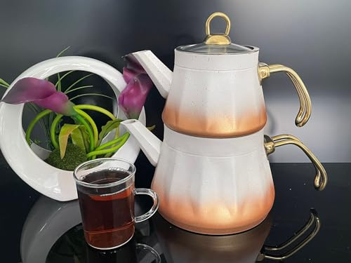 Granit-Teekannen-Set - Obere Teekanne (1,1 Liter) untere Teekanne (2,1 Liter) (Weiß_Gold)