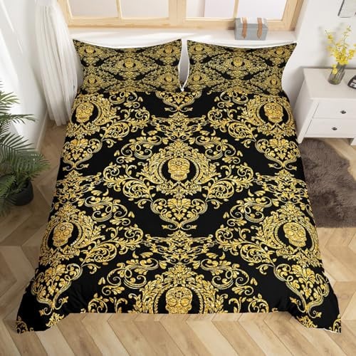 Homemissing Erwachsene Golden Vintage Damask Floral Betten Set Oriental Antique Gotik Bohemia Boho Bettwäsche Set 135x200cm Exotisch Zuckerschädel Bettbezug Set 2Stück