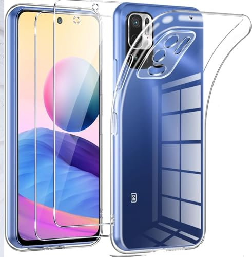 Coque Compatible avec Xiaomi Redmi Note 10 5G + 2 pièces de Protection d'écran en Verre trempé, Coque Transparente en TPU, Silicone Antichoc et Fin, résistant au jaunissement, Protecteur.