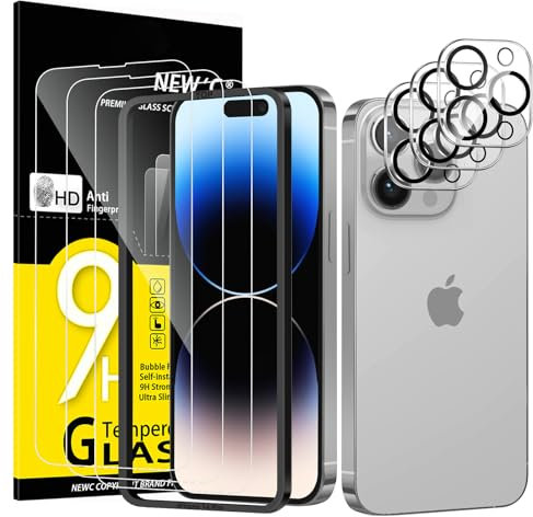 NEW'C Kit de 6, 3 x Verre Trempé pour iPhone 14 Pro (6,1 Pouces) et 3 x Protection Caméra Arrière - Kit Outil d'Installation Facile - Anti Rayures - Ultra Résistant-HD Transparent