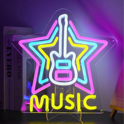 ENUOLI Guitar Neon Signs,Dimmable Neon Sign Guitar Neon Light Signs for Wall Decor Live Music Neon Lights for Bedroom Guitar Led Light up Sign with USB Powered for Music Party Bar Music Club