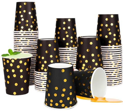 Black Gold Polka Dot Paper Cups, 60 Pcs Paper Cups Party, 9 Ounces Party Cups, Can Be Reused Picnic Cups for Party DIY Holiday Barbecues and Wedding Birthday