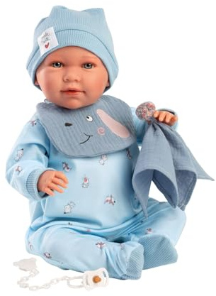 Llorens 1027420 Babypuppe Mimi, mit blauen Augen und weichem Körper, Baby Puppe inkl. Hündchen-Outfit, Schnuller, Schnullerkette und Schnuffeltuch, 42 cm