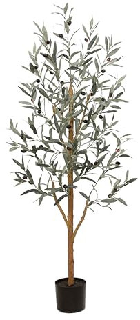 Artificial Olive Tree 5FT Tall Faux Olive Silk Plant, Artificial Plants Home Office Decor Indoor Fake Potted Tree with Natural Wood Trunk and Lifelike Fruits Housewarming Gift