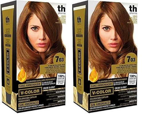 Thader Th Pharma V-Color Kit de Tinte permanente Sin Amoniaco con Oro Líquido 100% Cobertura de canas, 120 ml (No. 7.03 Rubio medio natural dorado) (Paquete de 2)