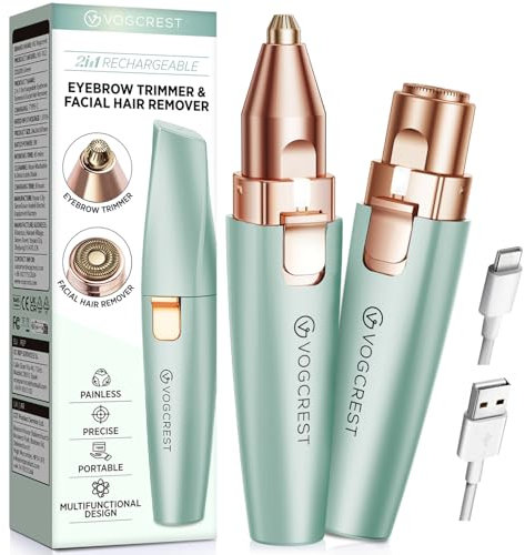 VG VOGCREST Augenbrauen-Gesichtstrimmer 2 in 1 Wiederaufladbare Gesichtshaarentfernung und Augenbrauenrasierer - Gesicht Lippen Körper Schmerzloser Gesichtsrasierer mit eingebauter LED (Grün)