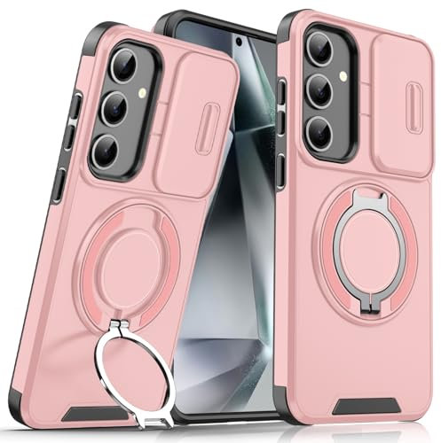 OUBELI Coque pour Samsung Galaxy S25 Plus Housse avec Protection de Caméra Coulissante Support Rotatif à 360 Degrés Militaire Anti-Choc et Anti-Rayures Étui en Silicone (Rose)
