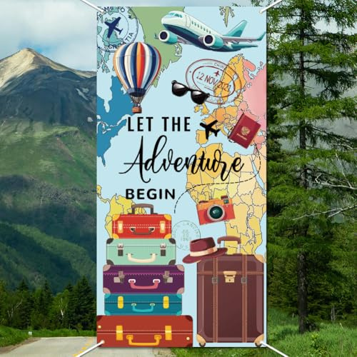 WADORN Lassen Sie Das Abenteuer Im Hintergrund Beginnen Adventure Awaits – Banner Dekoration Für Geburtstagspartys Großer Stoff Reise Fotoautomaten Banner Fotografie Hintergrund 90x180cm