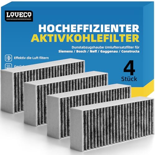 4er Set Aktivkohlefilter für 9001421821 9001563858/ Siemens Studioline HZ9VRCR0/ Bosch HEZ9VRCR0/ Neff Z821VR0/ Gaggenau CA282111/ Constructa CZ9VRCR0, Dunstabzugshaube Filter (193x75x35 mm)