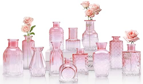 Blcculi Lot de 12 vases à bourgeons en verre rose en vrac, petits vases à fleurs pour centres de table, bouteille vintage en verre pour décorations de mariage rustiques, mini vase simple pour