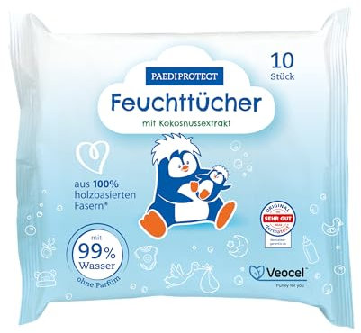 PAEDIPROTECT Salviette umidificate 1 x 10 pezzi, sensitive Baby Water Wipes con 99% di acqua senza profumi, per la pelle delicata del bambino e dei bambini, con estratto di cocco, senza microplastica