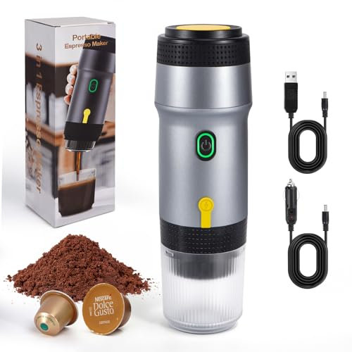 LAMA Elektrische Espressomaschine Kapselmaschine Tragbare Mini Kaffeemaschine, Kompatible mit Kaffeekapseln/Kaffeepulver Sofortiges Aufwärmen für Auto Outdoor, Silber