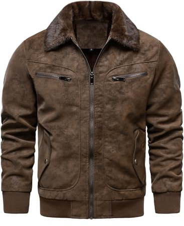 HOOD CREW Blouson bombardier aviateur en fausse fourrure pour homme - Manteaux d'hiver vintage doublés en polaire - Vestes en cuir, marron, Large