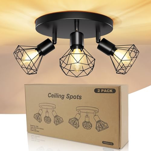 Deckenlampe LED Deckenleuchte 350° Deckenspots 2 Stück Lamp E14 3 Flammig | Deckenstrahler Schwenkbar Schwarz Lampen Küchenlampe Wohnzimmer, Flurlampe Hanging Ceiling Modern für Küche, Schlafzimmer