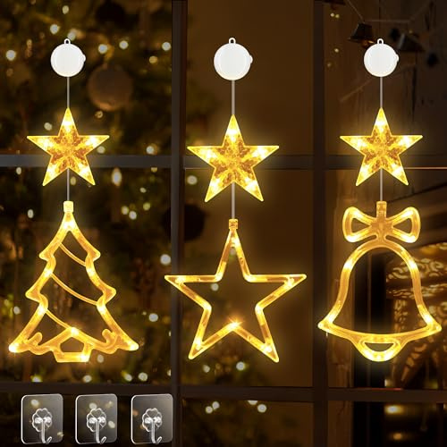 Fulybao LED Christmas Window Light, 3Pcs Hanging Window Christmas Lights Decorations with Stars and Christmas Tree, Bell, Battery Powered & Timer, Outdoor Indoor Party Shop Window Xmas Decoration
