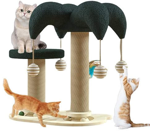 Kratzbaum für Indoor Katzen, 6 in 1 Katzenkratzbaum mit hängenden Bällen, Rotierender Smart Track Ball, Feder, Sisal und Juteseil Interaktives Katzenspielzeug für kleine und mittelgroße Katzen