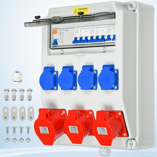 Sorlpv Baustromverteiler Wandverteiler mit LS+FI, Komplett Verdrahtet Stromverteiler mit 4x 230V Schuko, 2x16A 380V CEE, 1x32A 400V CEE, IP67 Wasserdicht Gehäuse für Außen Innen Werkstätten Fabriken
