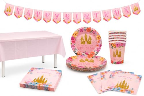 Princess Party Supplies Pack with Paper Plates, Cups, Napkins, Banner, Table Cloth for 10 Guests