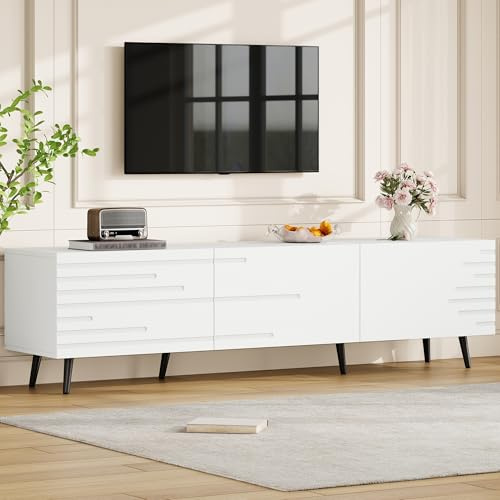 Weiß Tv Schrank Holz mit 3 Klapptüren & 3D-Druck, 180cm Tv Lowboard Stehend für 80 Zoll, Weiss Fernsehschrank Aus MDF Mit 6 Beinen & 40 Kg Traglast,T
