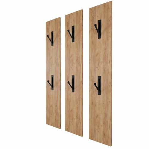 Planetmöbel Ossa Wandgarderobe 3x Garderobenpaneel mit 6 | Garderobenhaken, aus Metall, klappbar, Flur Kleiderhaken Garderobenleiste gold eiche, 20 x 110 x 1,7