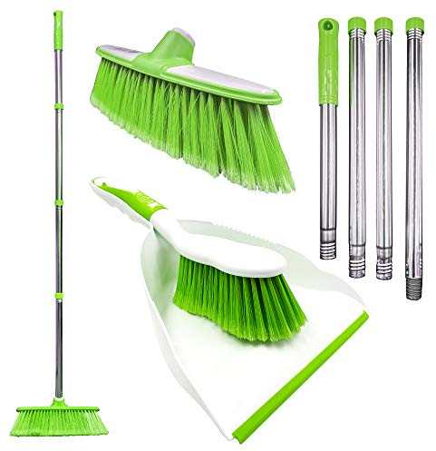 Sweeping Broom Indoor with Matching Dustpan and Brush Sets, Household Cleaning Set that Includes a Sweeping Brush Indoor, Soft Broom and Dustpan Set (Green)